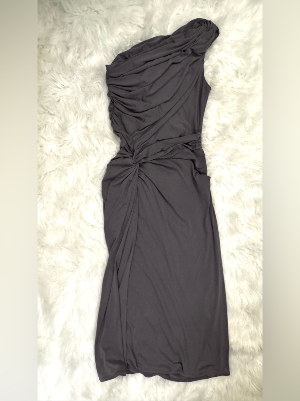 Maggie London Gray One-Shoulder Ruched Midi Dress Size 12 - Picture 2 of 10